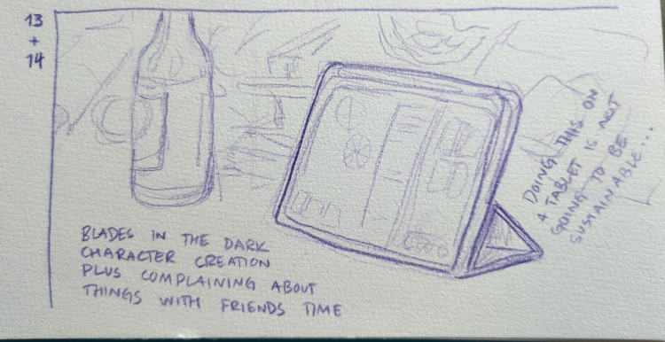 hourly comic for 1 and 2pm (labeled 13 and 14), a drawing of a tablet stood upright next to a bottle and a bunch of sketchily indicated mess. text: 'Blades in the Dark character creation plus complaining about things with friends time' and next to the tablet: 'doing this on a tablet is not going to be sustainable...'
