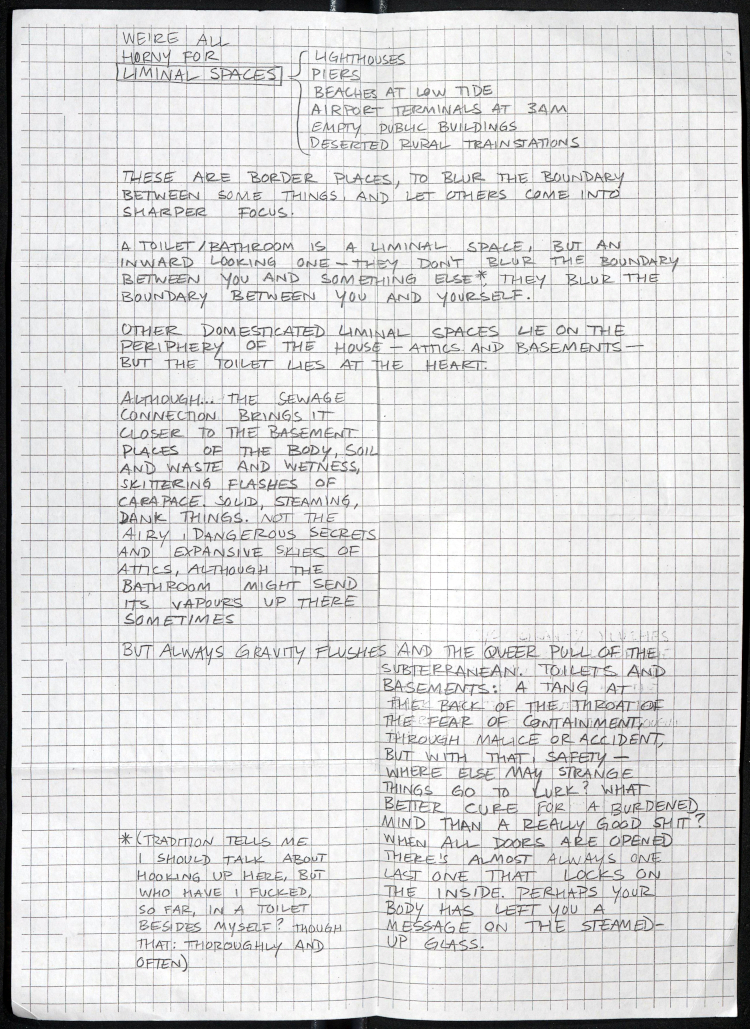 the inside of the unfolded zine, all caps text on graph paper. transcript linked below.